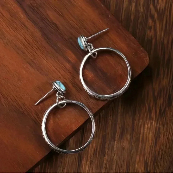 2 LEFT! Bohemian Turquoise Silver Hoop Earrings - Picture 2 of 5